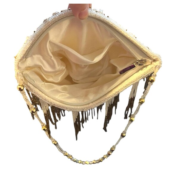 Vintage 1990s Cream & Bronze Beaded Fringe Satin-Finish Evening Bag Handmade - Picture 7 of 10